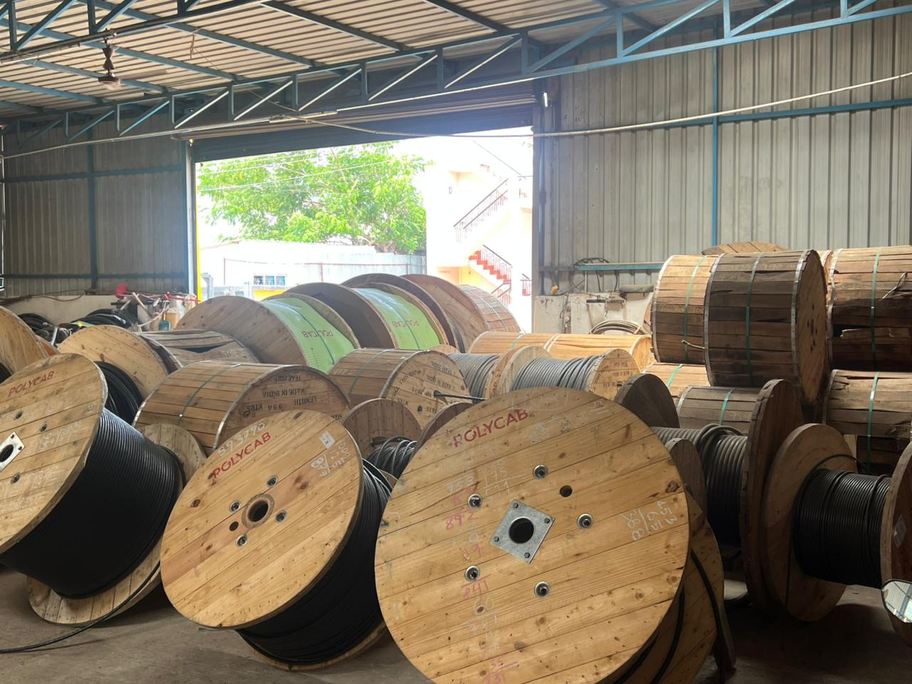 Lachmi Narain Electricals - Warehouse overview with Polycab cable drums Coimbatore